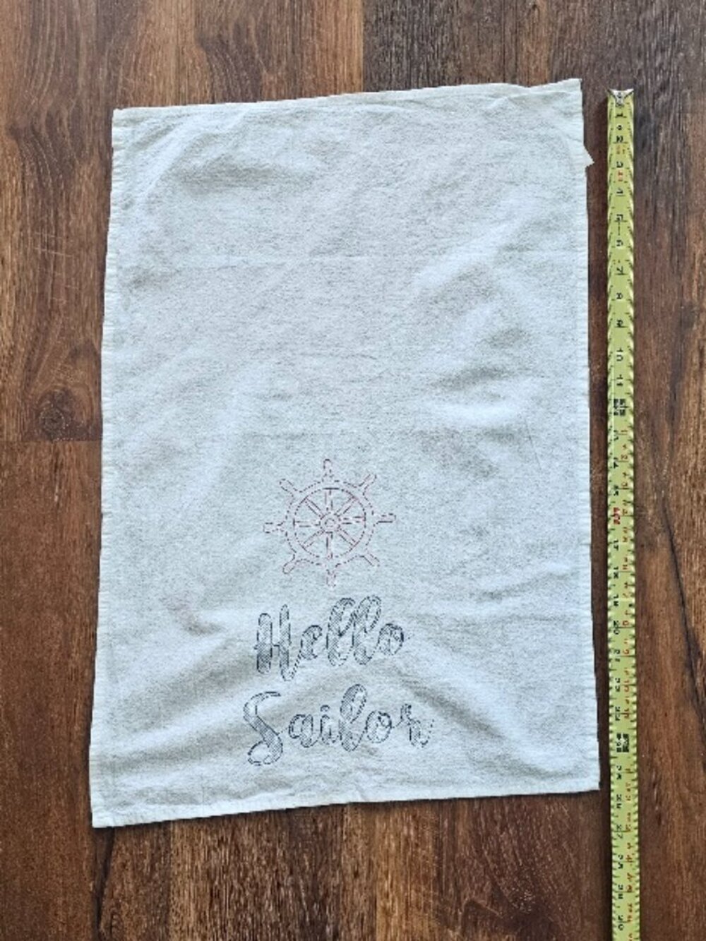 100% Cotton Tea Dish Towel Embroidered "Hello Sailor" - Ocean Beach Sea Nautical
